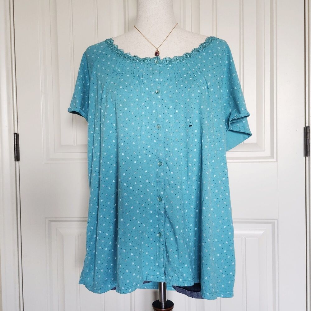 Simply Basic Plus 3X Teal Polka Dot Lace Button Sleepshirt